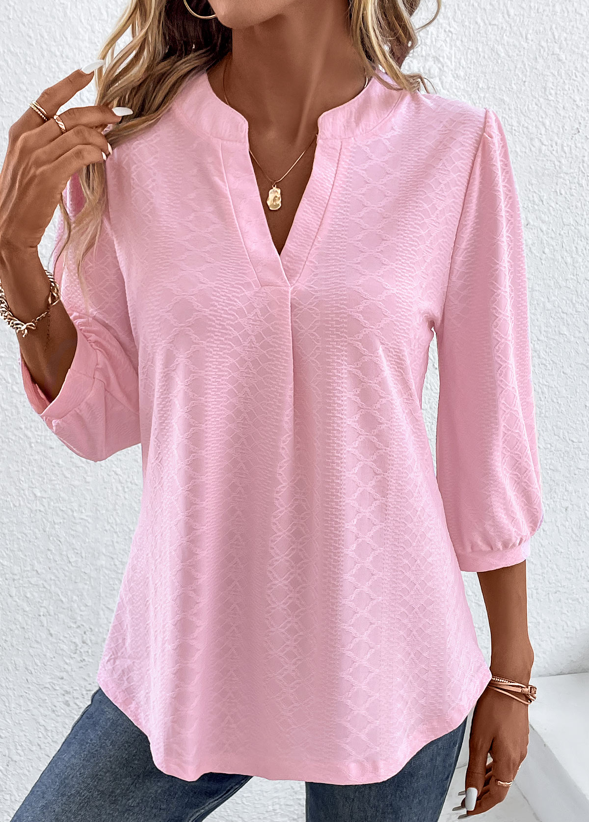 Pink Ruched Three Quarter Length Sleeve T Shirt | modlily.com - USD 20.98