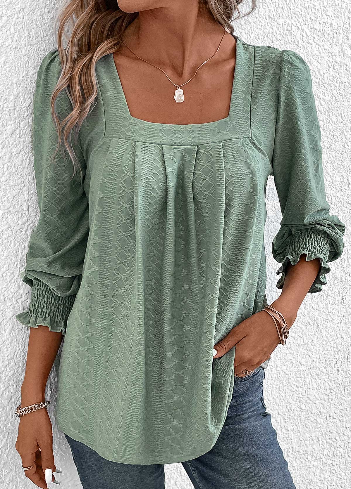 Green Smocked Long Sleeve Square Neck T Shirt