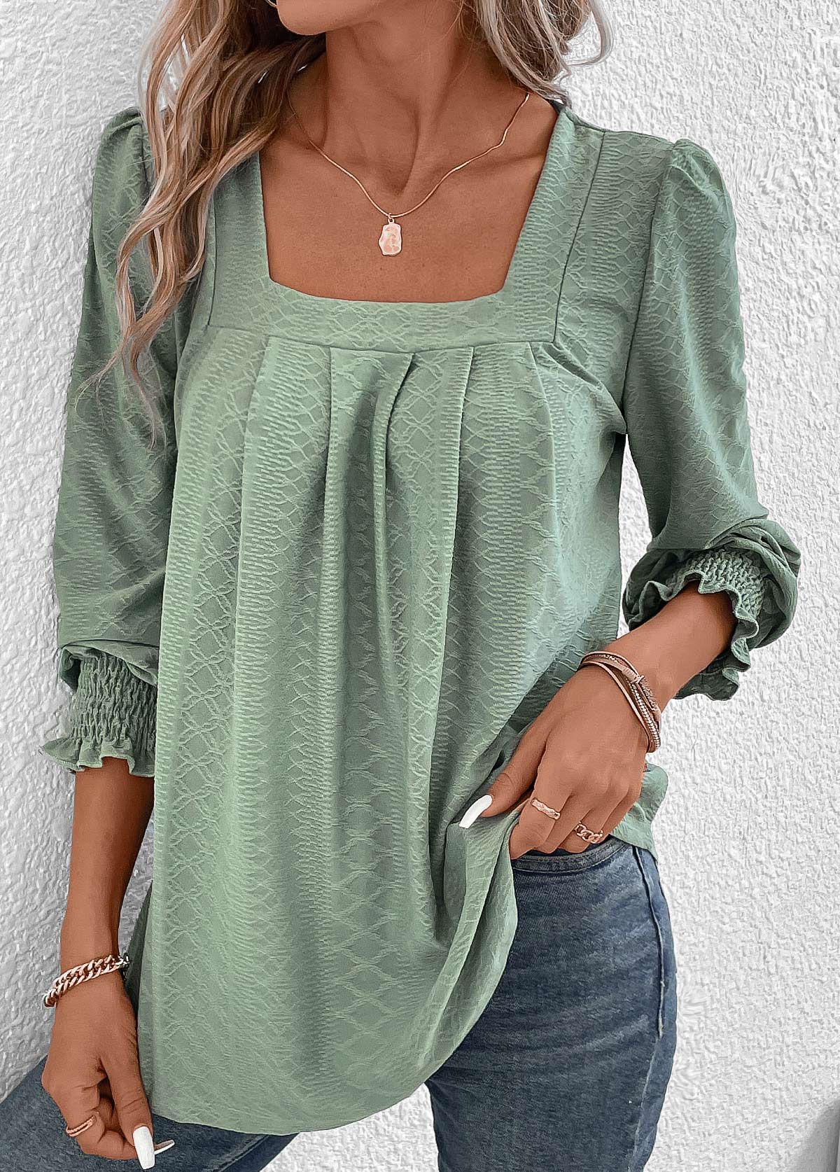 Green Smocked Long Sleeve Square Neck T Shirt