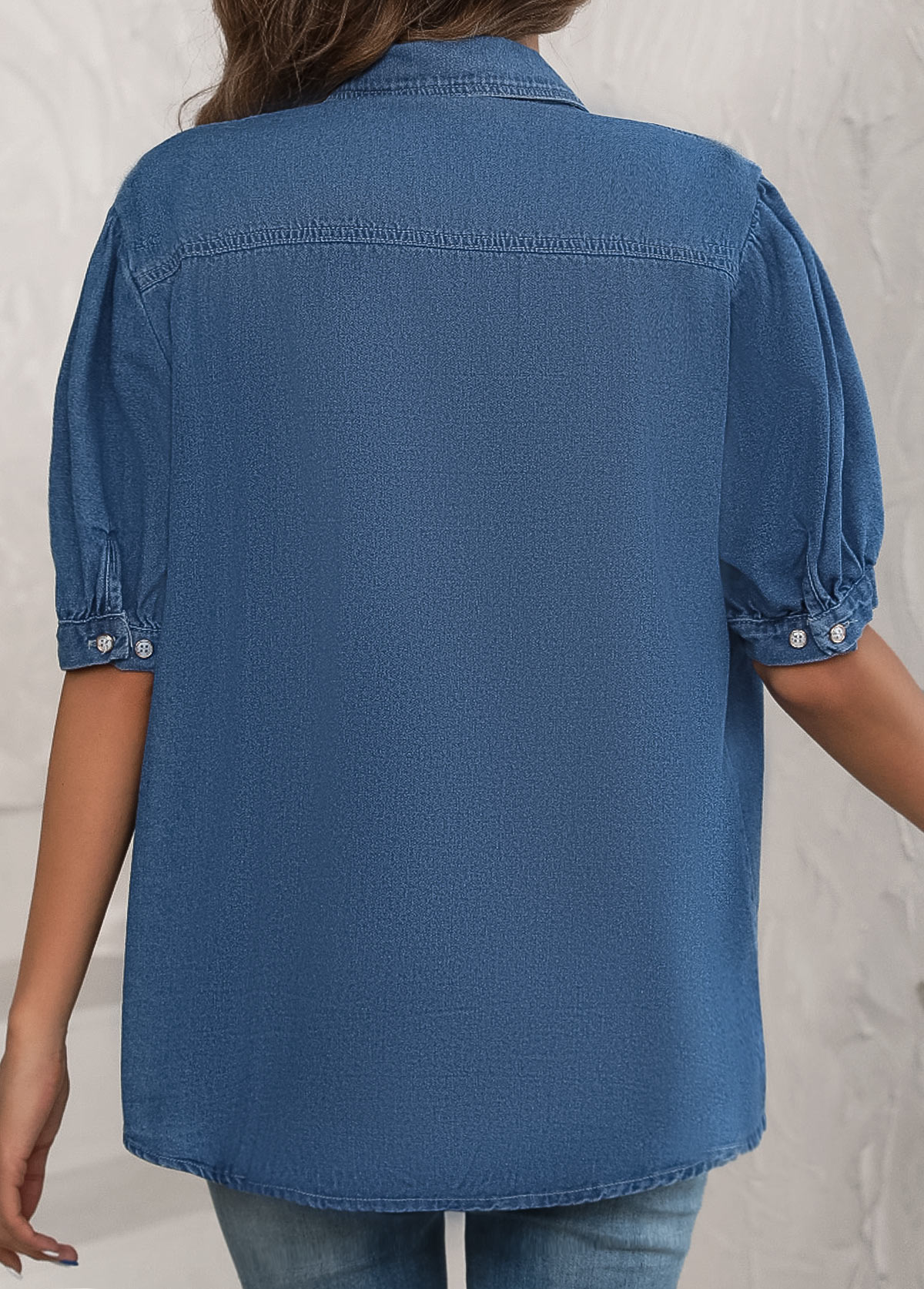 Denim Blue Pocket Short Sleeve Shirt Collar Coat