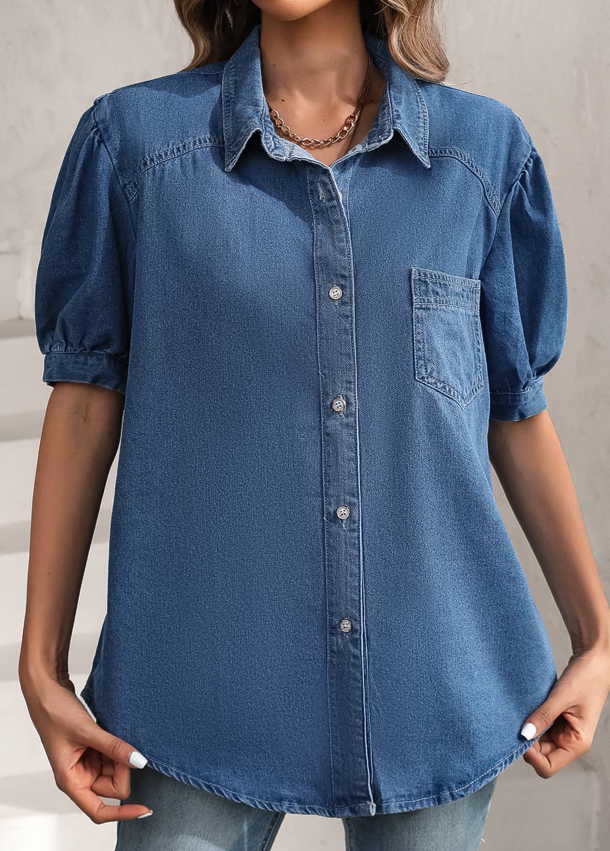 Denim Blue Pocket Short Sleeve Shirt Collar Coat