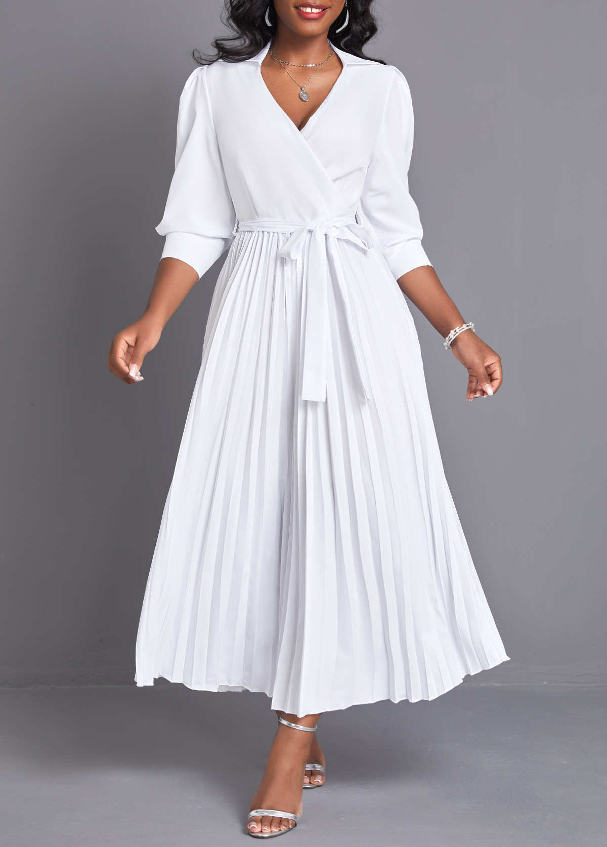 White V Neck Pleated Belted Maxi Dress