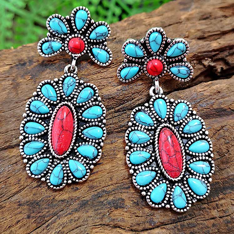 Turquoise Teardrop Tribal Design Alloy Earrings