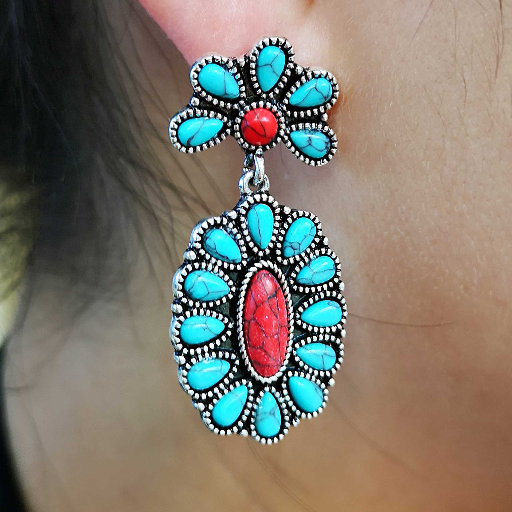 Turquoise Teardrop Tribal Design Alloy Earrings