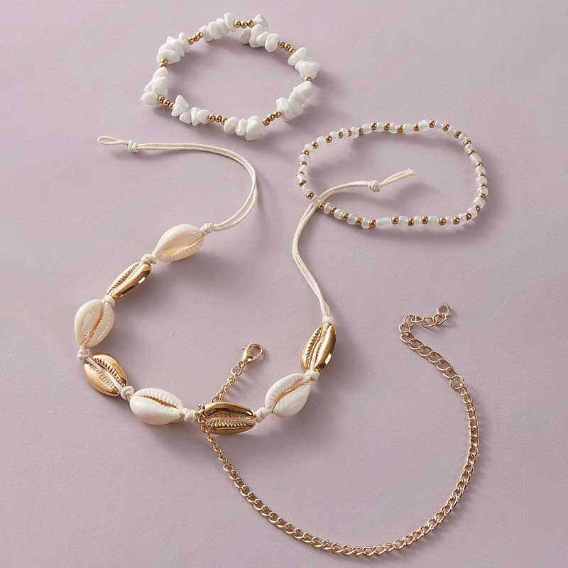 White Round Beads Asymmetric Design Anklet Set