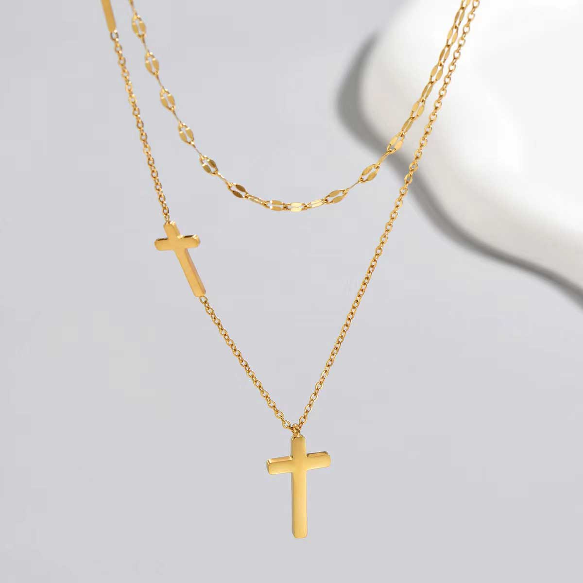 Layered Golden Cross Design Alloy Necklace