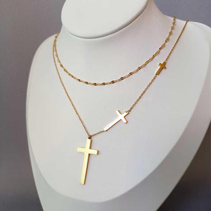 Layered Golden Cross Design Alloy Necklace