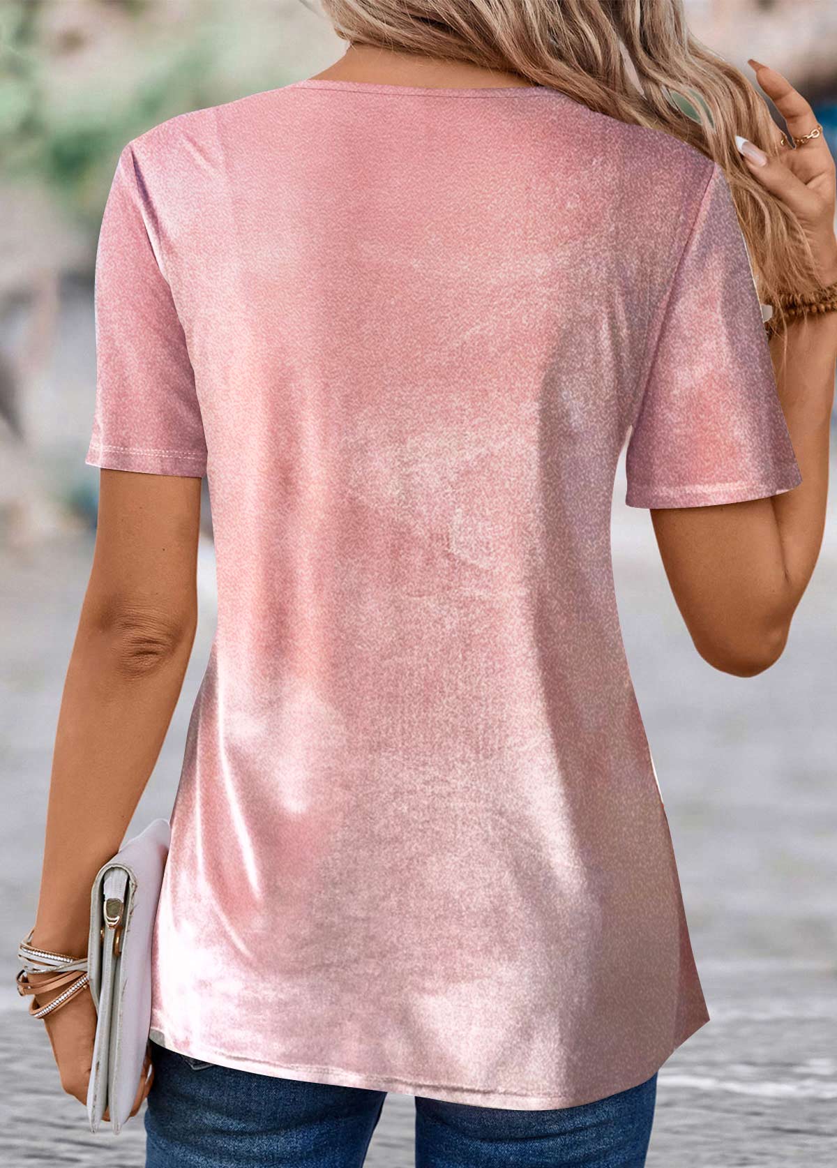 Pink Sequin Short Sleeve V Neck T Shirt