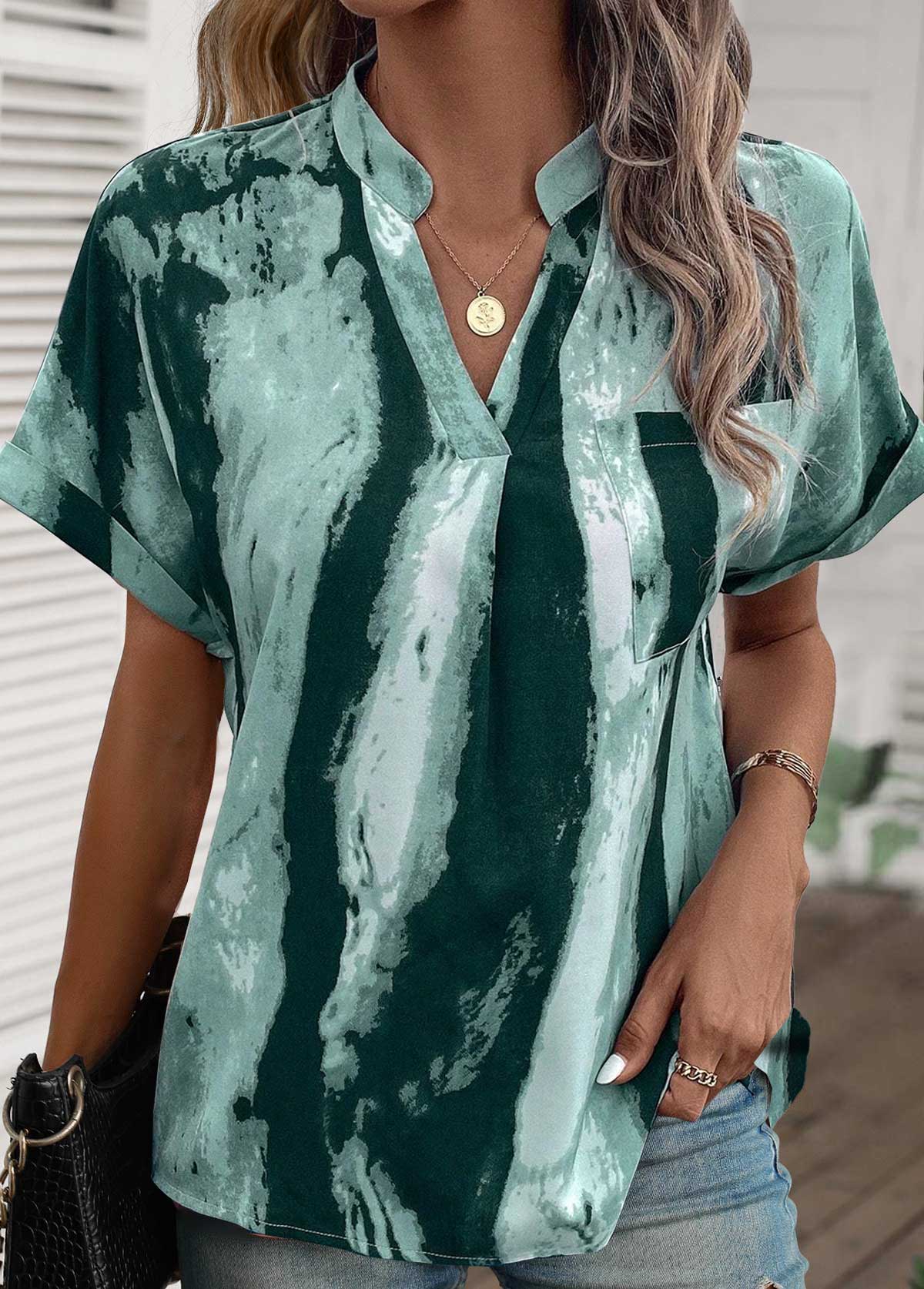 Turquoise Lightweight Ink Painting Print Short Sleeve Blouse