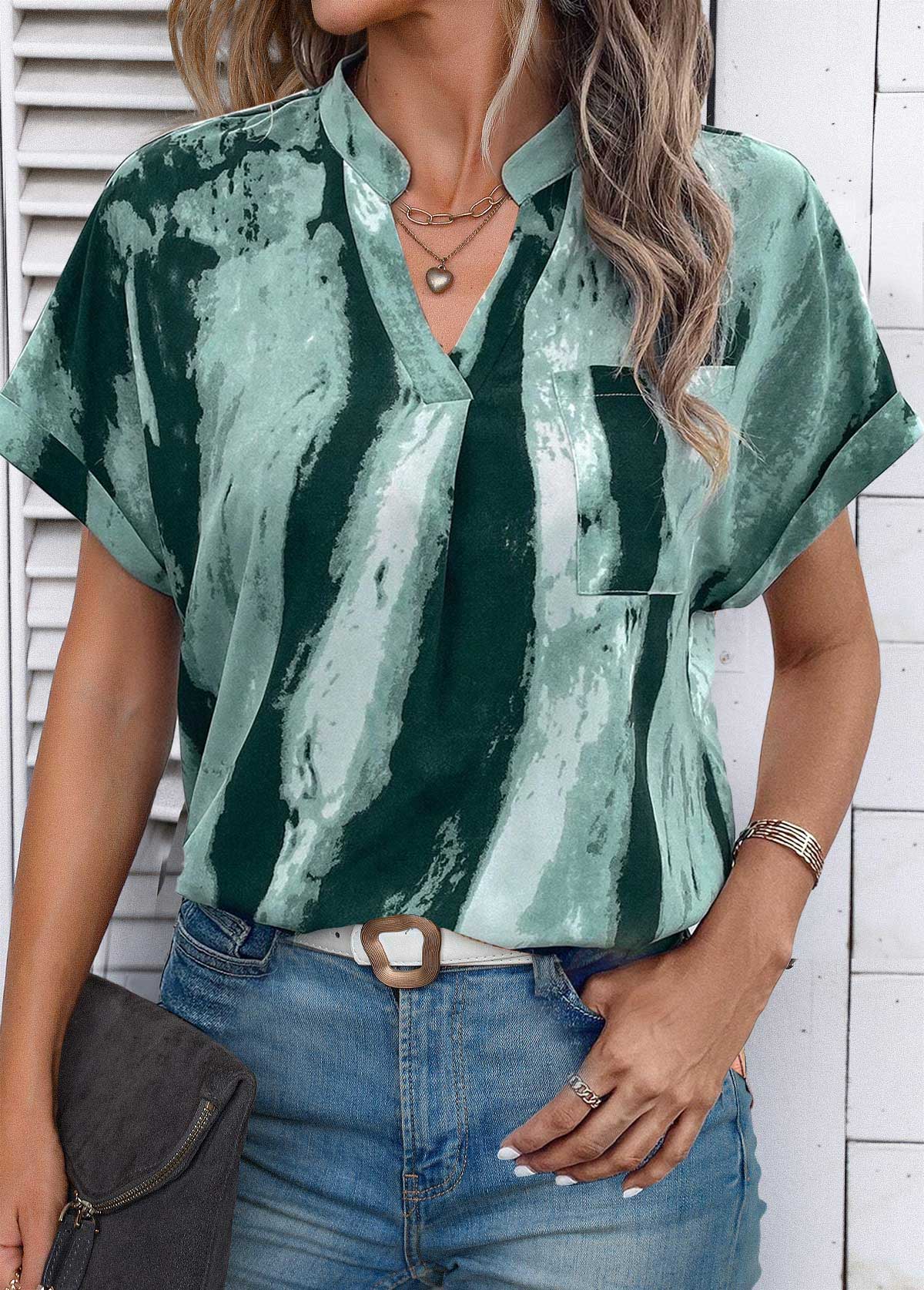 Turquoise Lightweight Ink Painting Print Short Sleeve Blouse