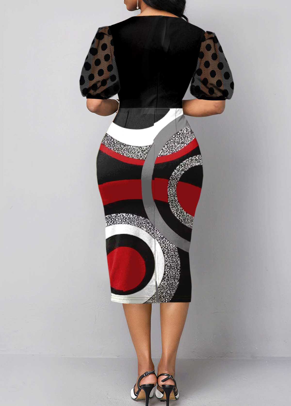 Black Mesh Geometric Print Short Sleeve Bodycon Dress