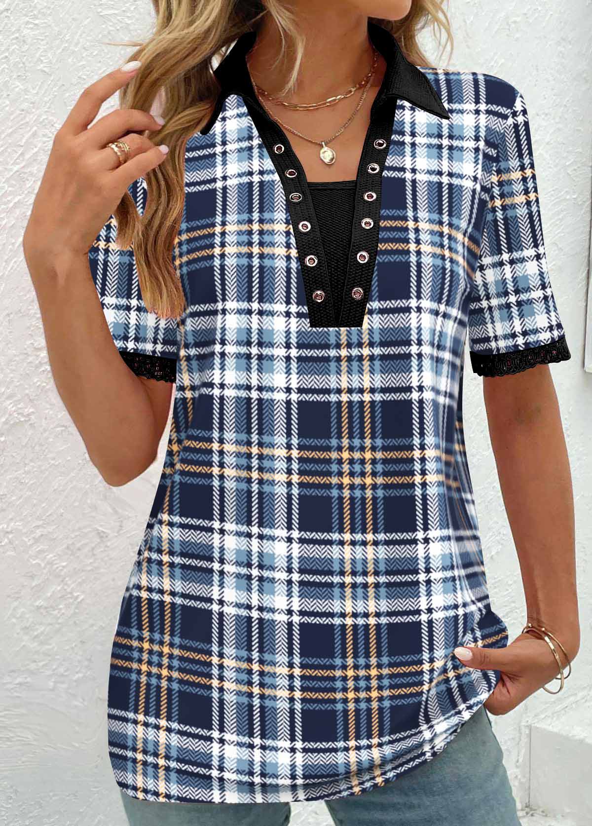 Blue Eyelet Plaid Short Sleeve T Shirt | picture 