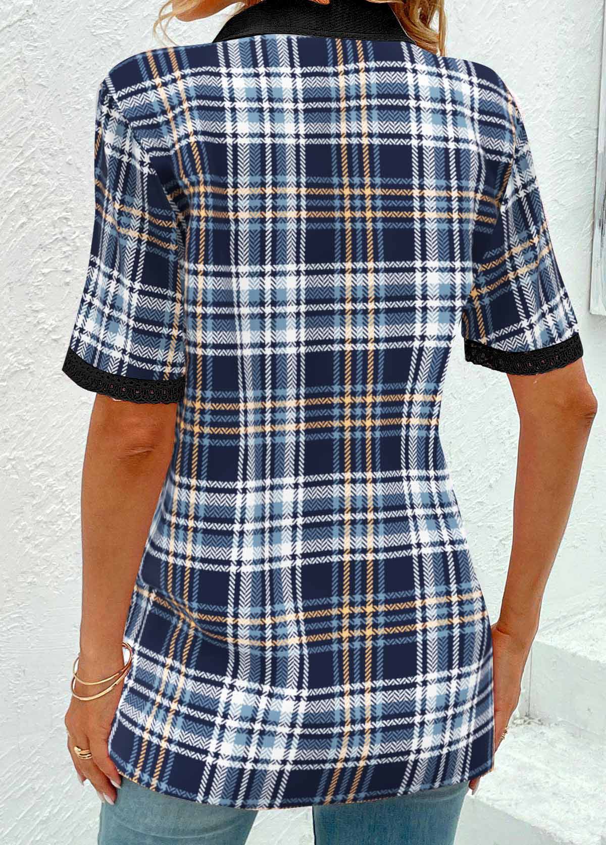 Blue Eyelet Plaid Short Sleeve T Shirt | picture 