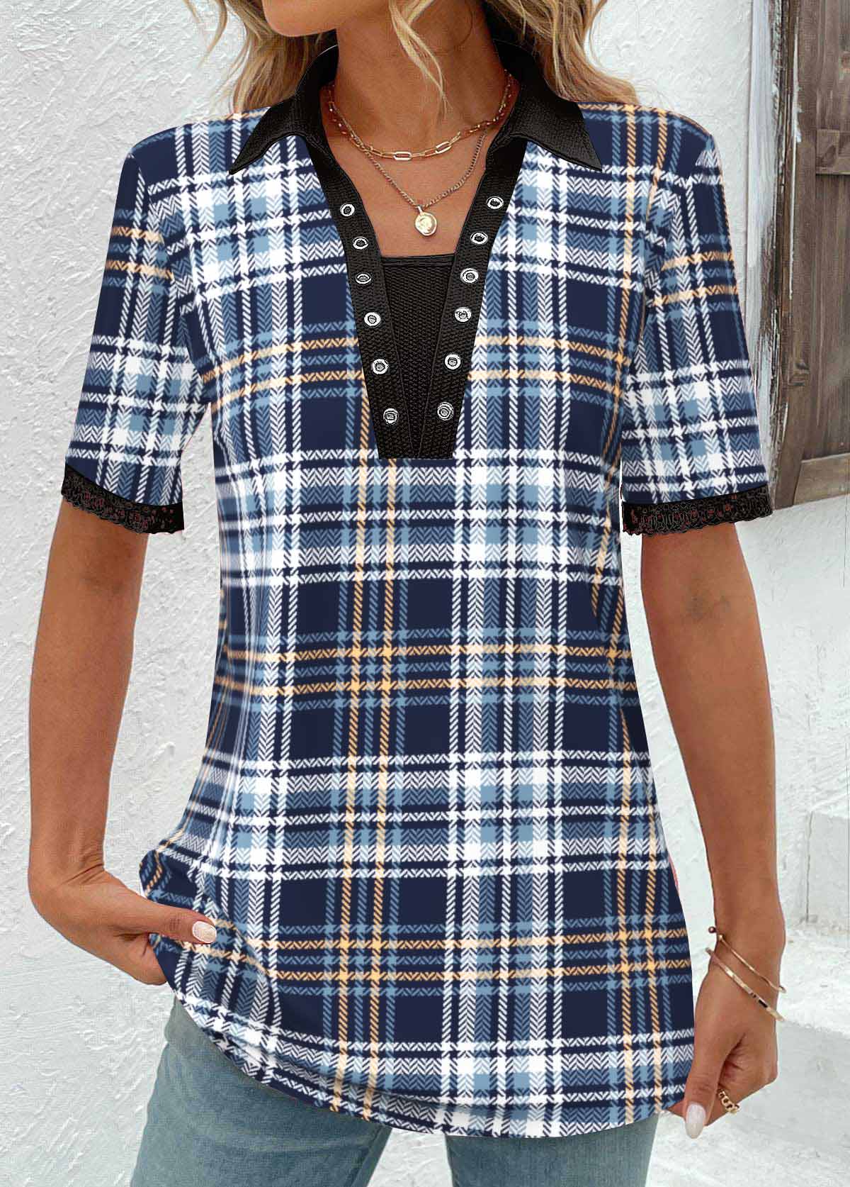 Blue Eyelet Plaid Short Sleeve T Shirt | picture 