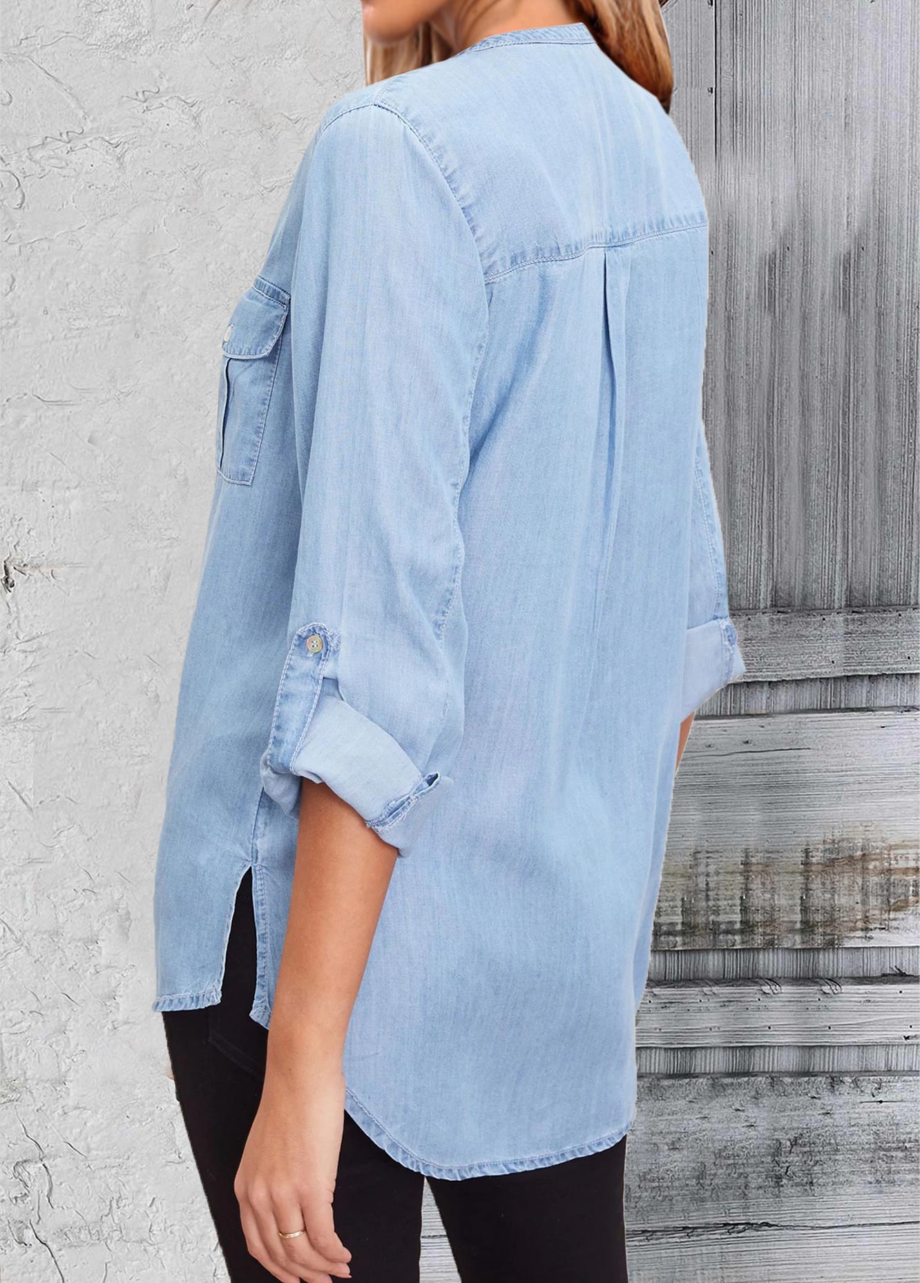 Denim Blue Pocket Long Sleeve Split Neck Blouse | picture 