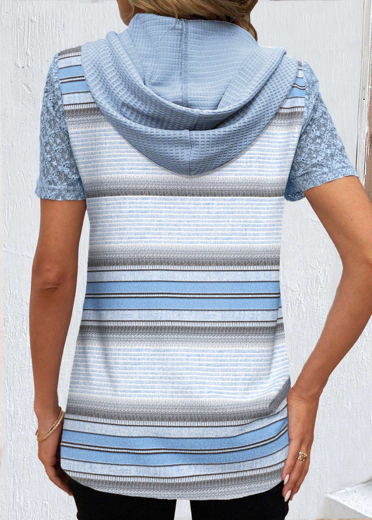 Light Blue Lace Striped Short Sleeve T Shirt | picture 