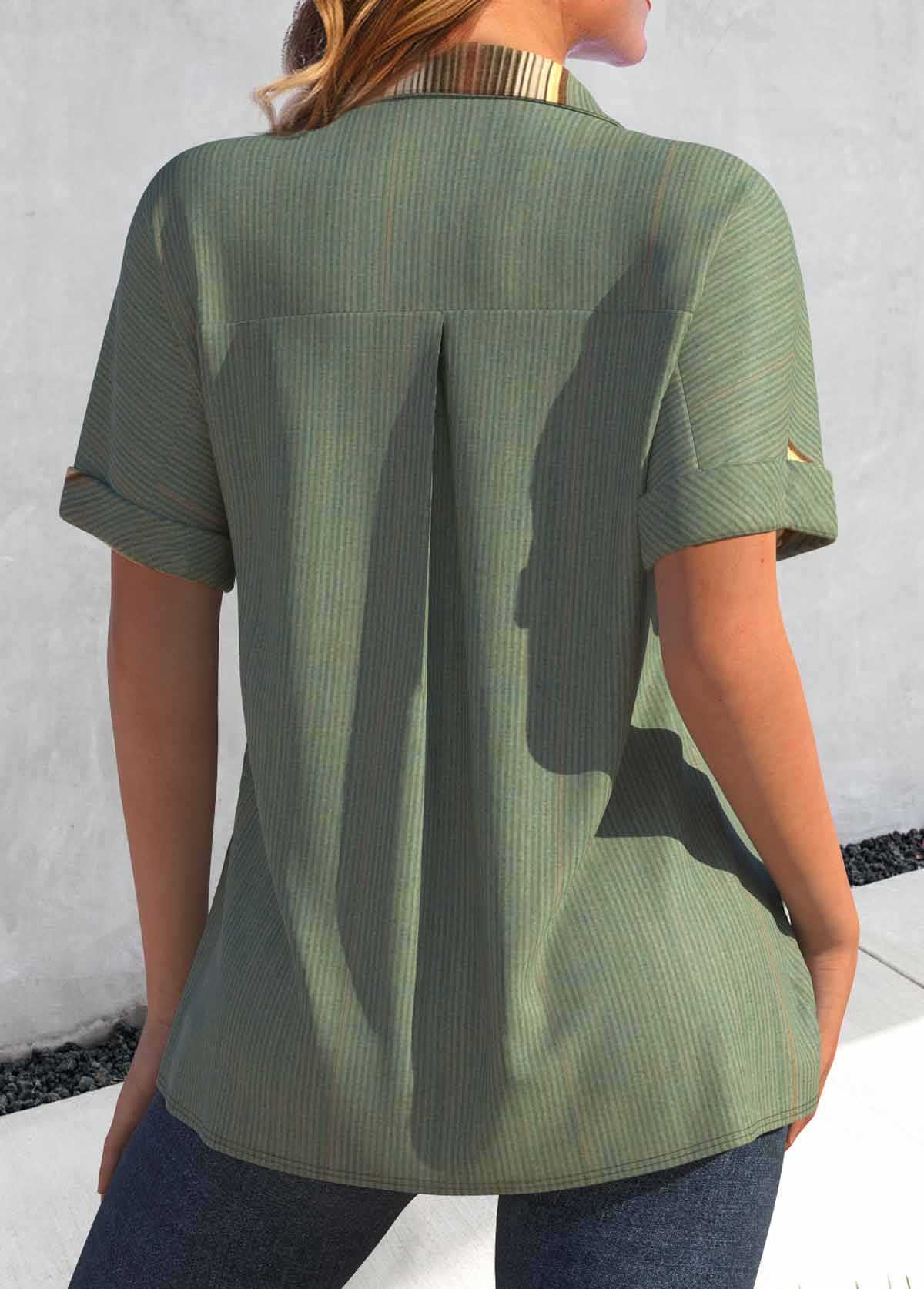 Green Button Striped Short Sleeve Shirt Collar Blouse