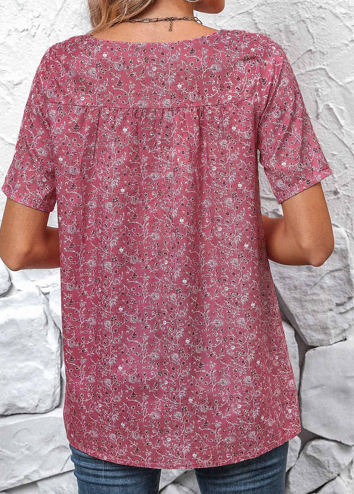 Pink Ruched Ditsy Floral Print Short Sleeve Blouse
