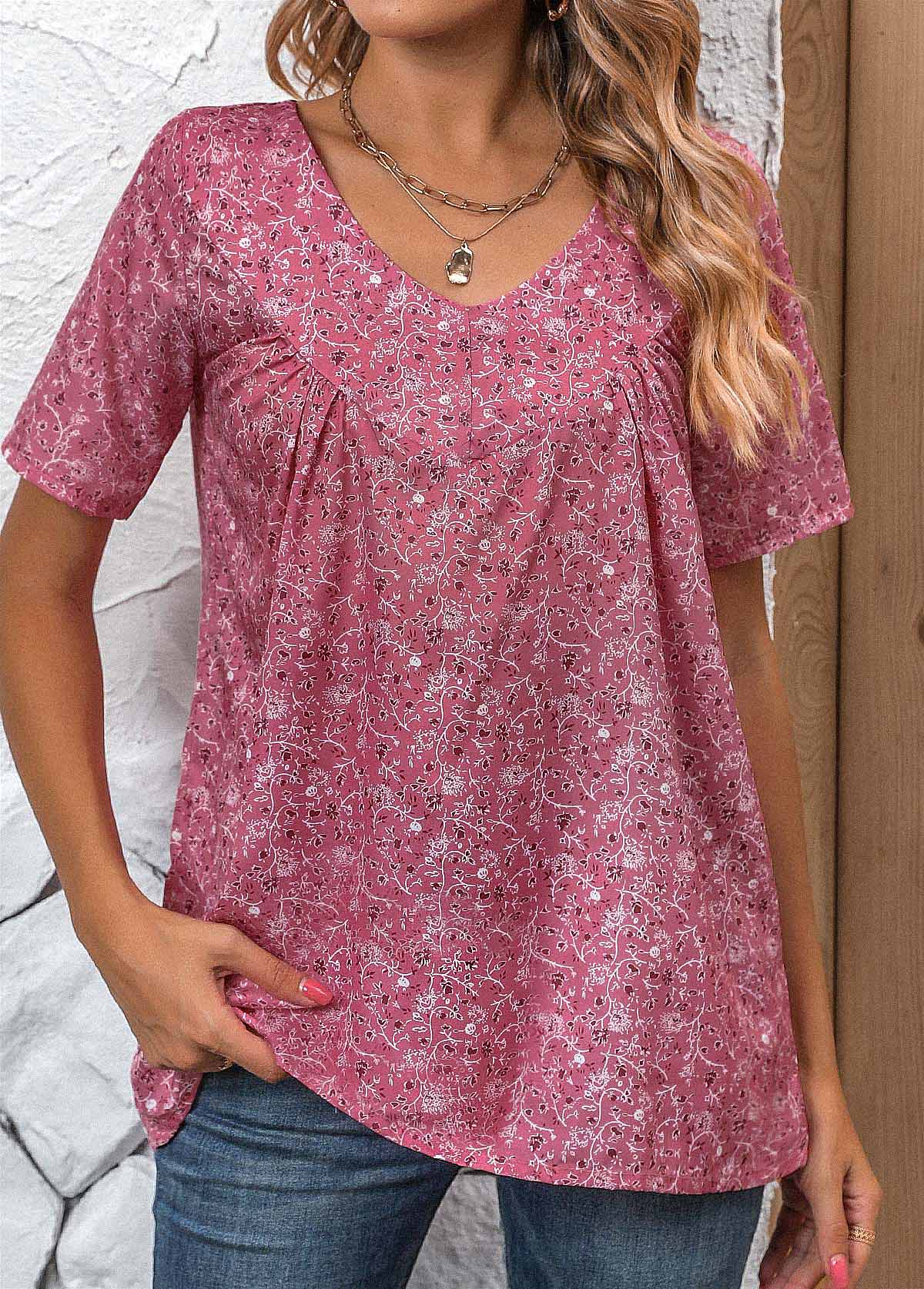 Pink Ruched Ditsy Floral Print Short Sleeve Blouse | modlily.com - USD ...