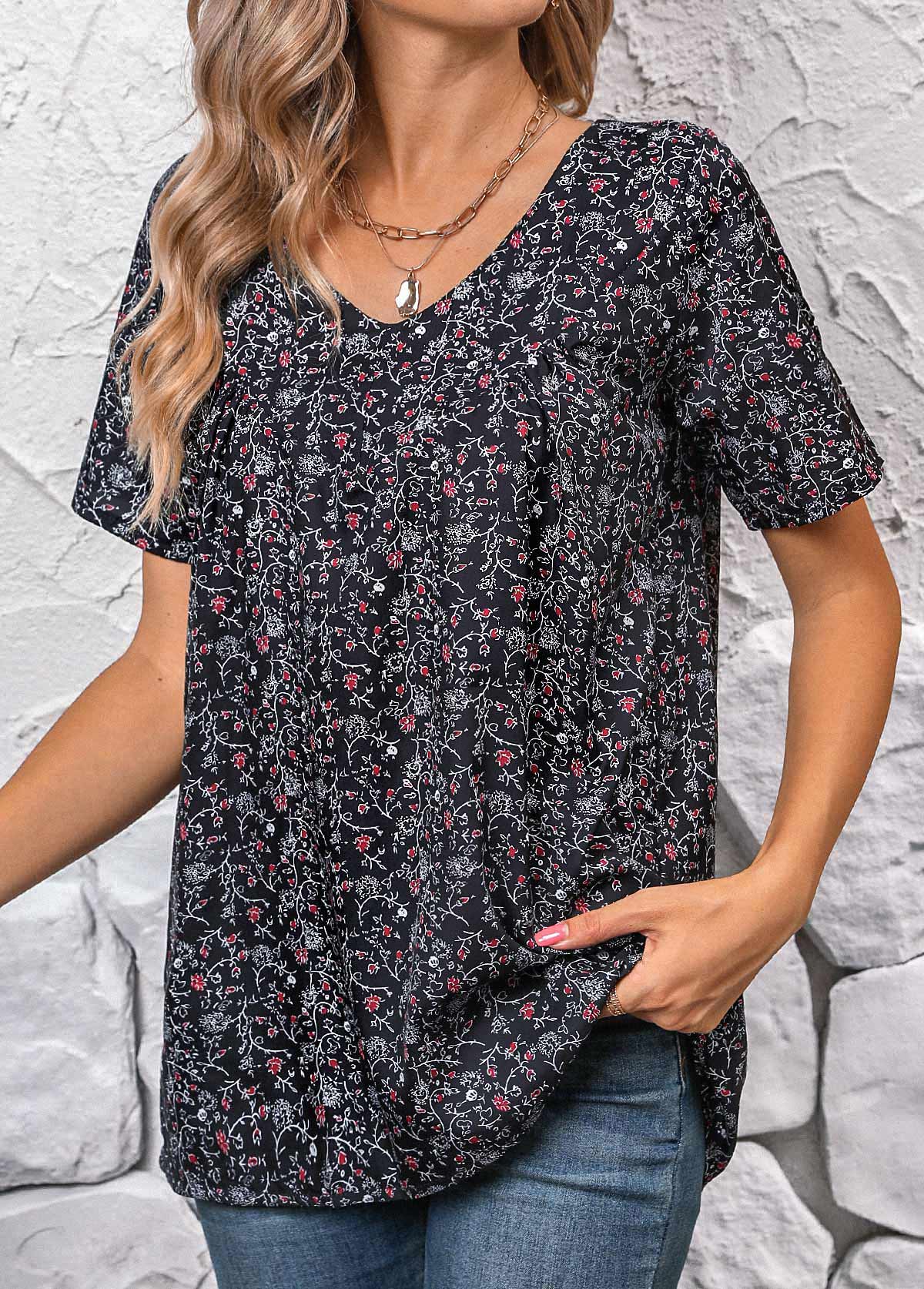 Black Ruched Ditsy Floral Print Short Sleeve Blouse