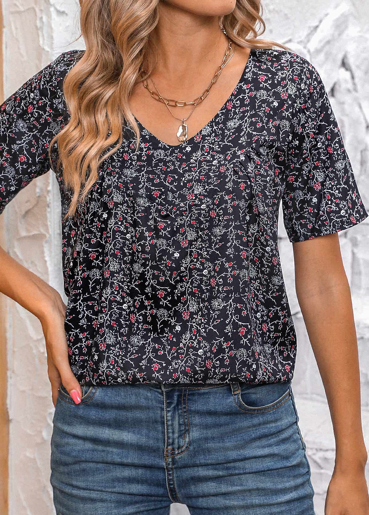 Black Ruched Ditsy Floral Print Short Sleeve Blouse