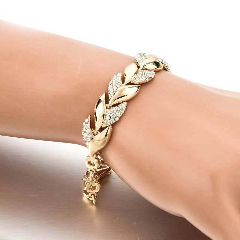 Leaf Golden Rhinestone Detail Alloy Bracelet