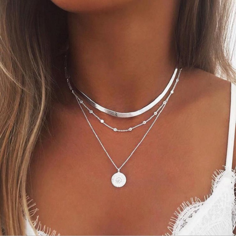 Silver Round Layered Design Alloy Necklace
