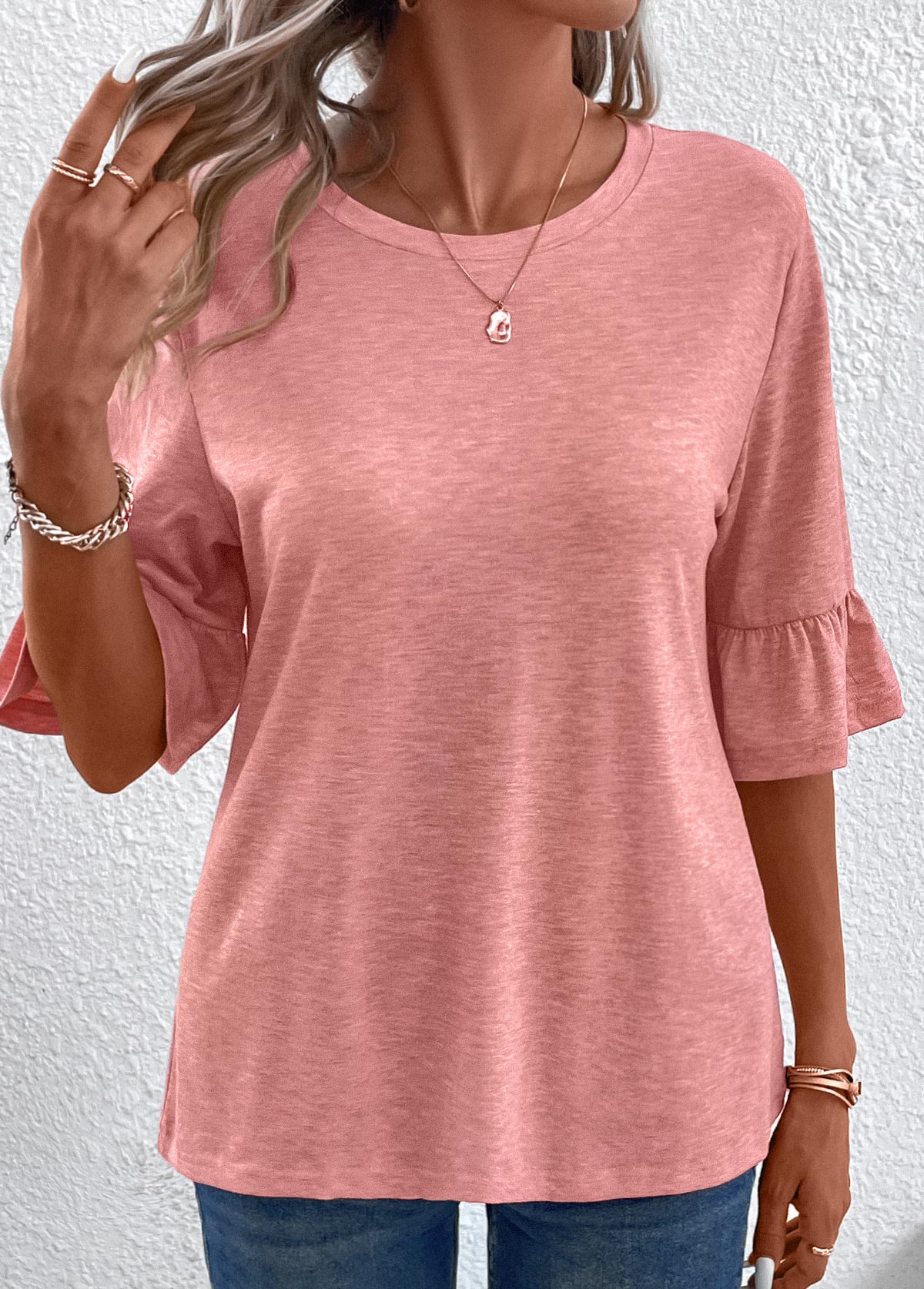 Pink Button Three Quarter Length Sleeve T Shirt