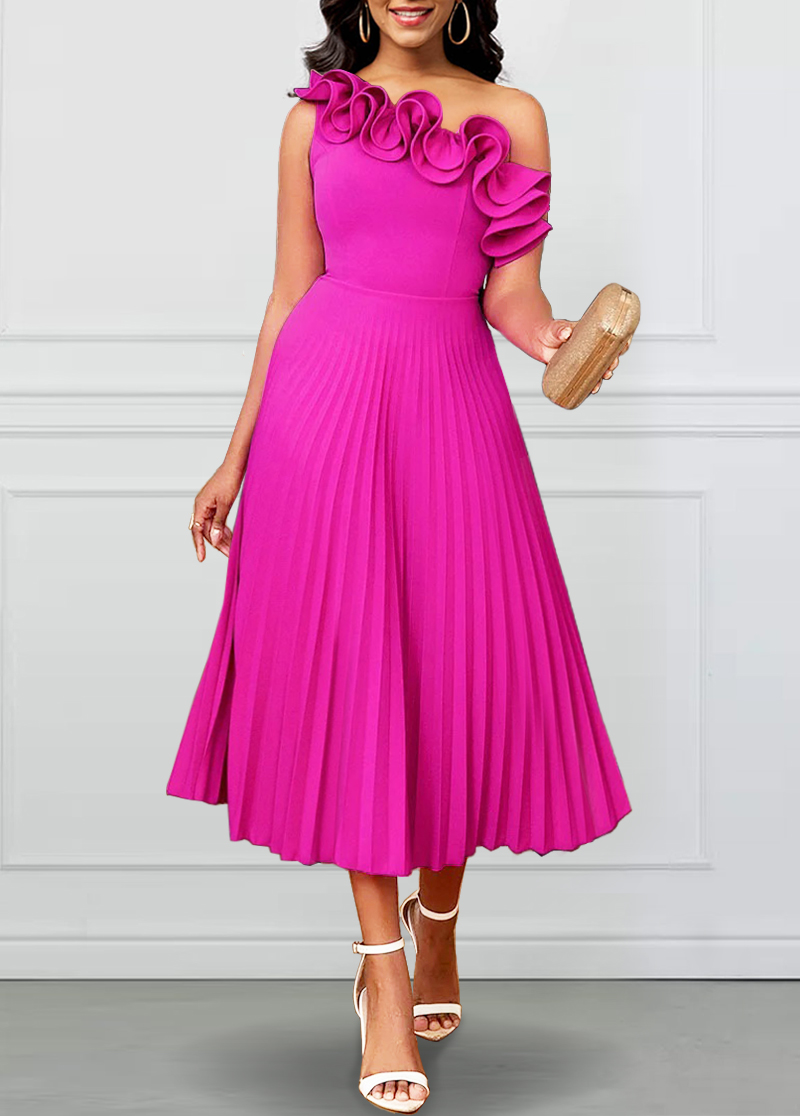 Hot Pink Pleated Sleeveless One Shoulder Dress
