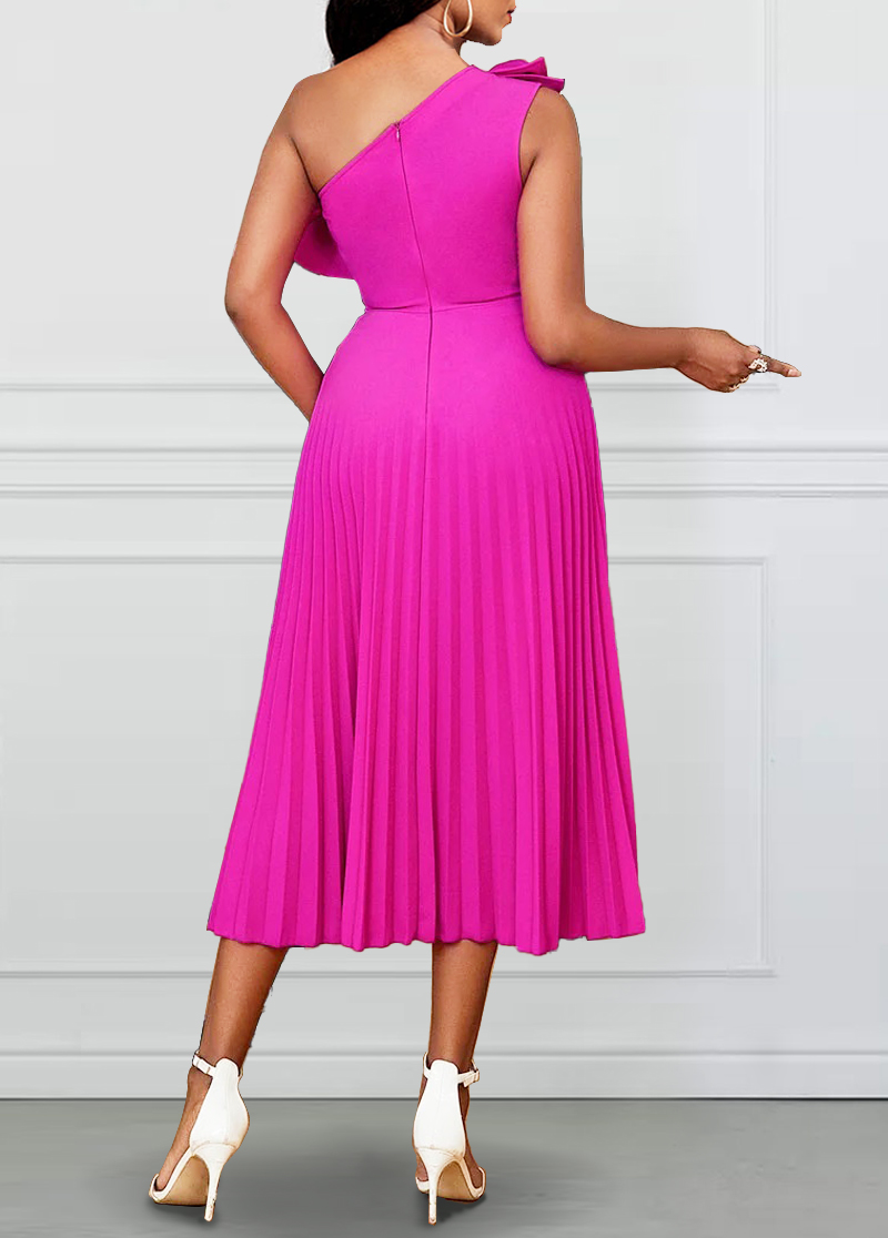 Hot Pink Pleated Sleeveless One Shoulder Dress