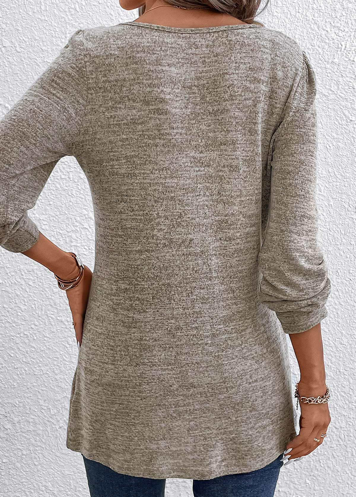 Light Camel Ruched Long Sleeve Square Neck T Shirt