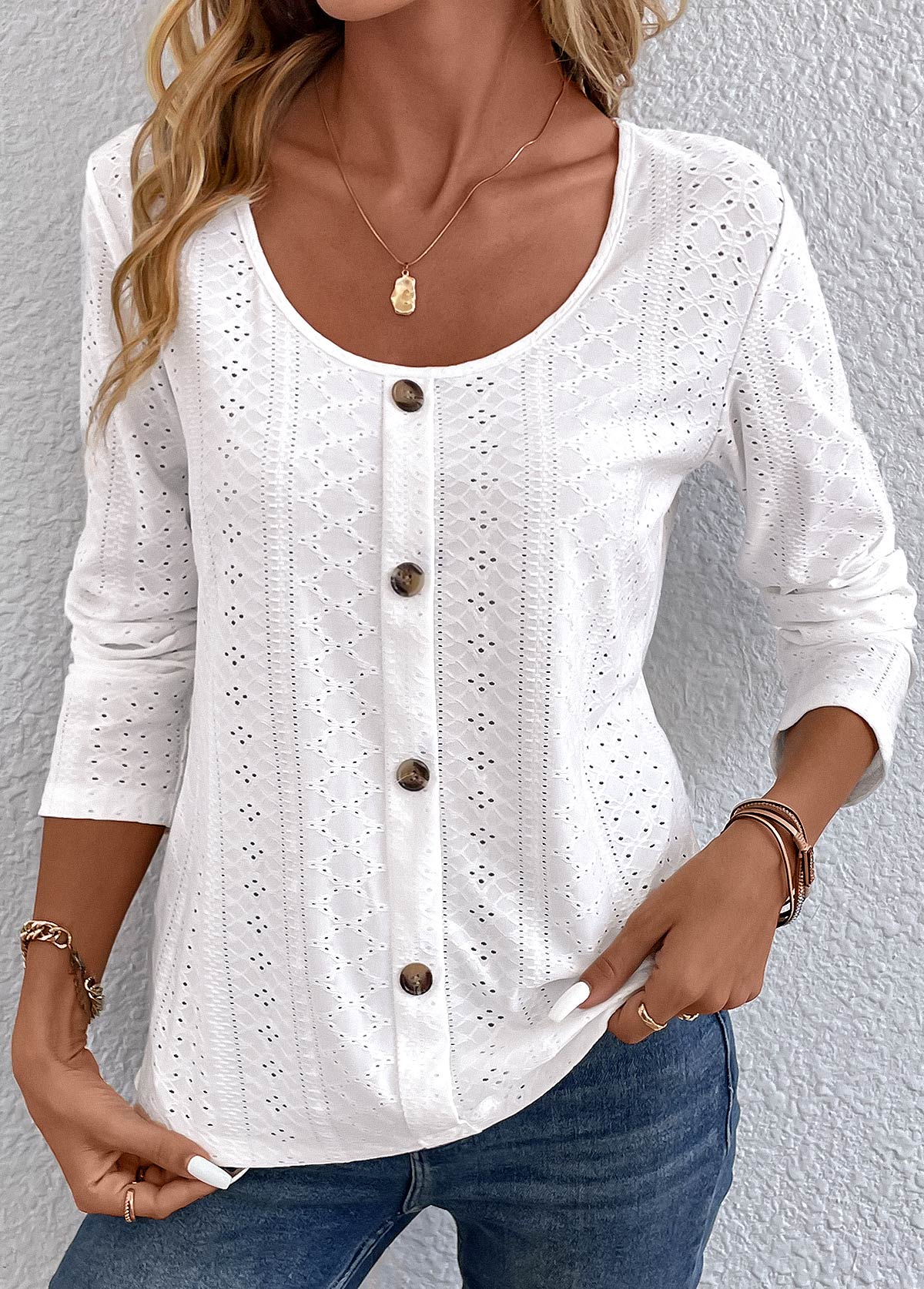 White Button Long Sleeve Scoop Neck Hollow T Shirt