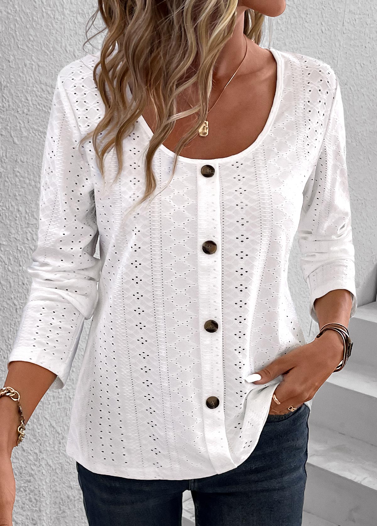 White Button Long Sleeve Scoop Neck Hollow T Shirt