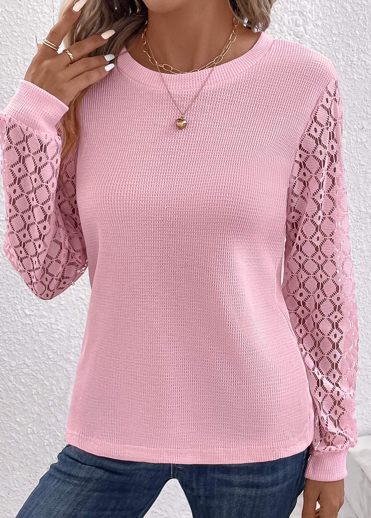Pink Lace Long Sleeve Round Neck T Shirt