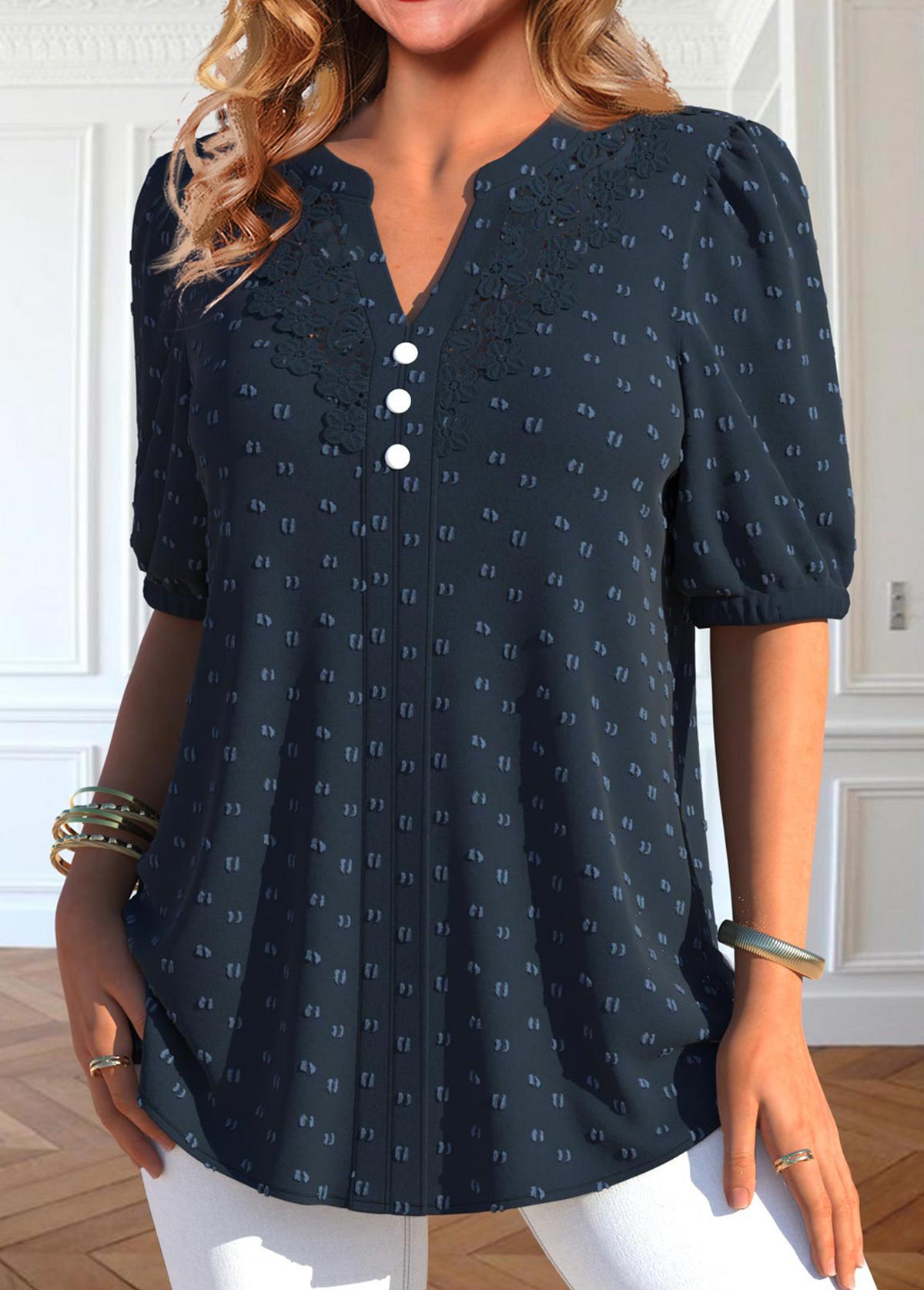 Plus Size Navy Button Short Sleeve Blouse | picture 