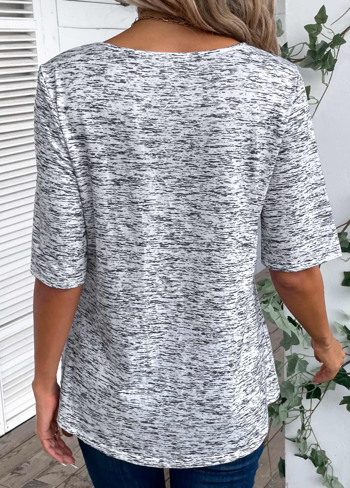 Plus Size Grey Button Half Sleeve T Shirt