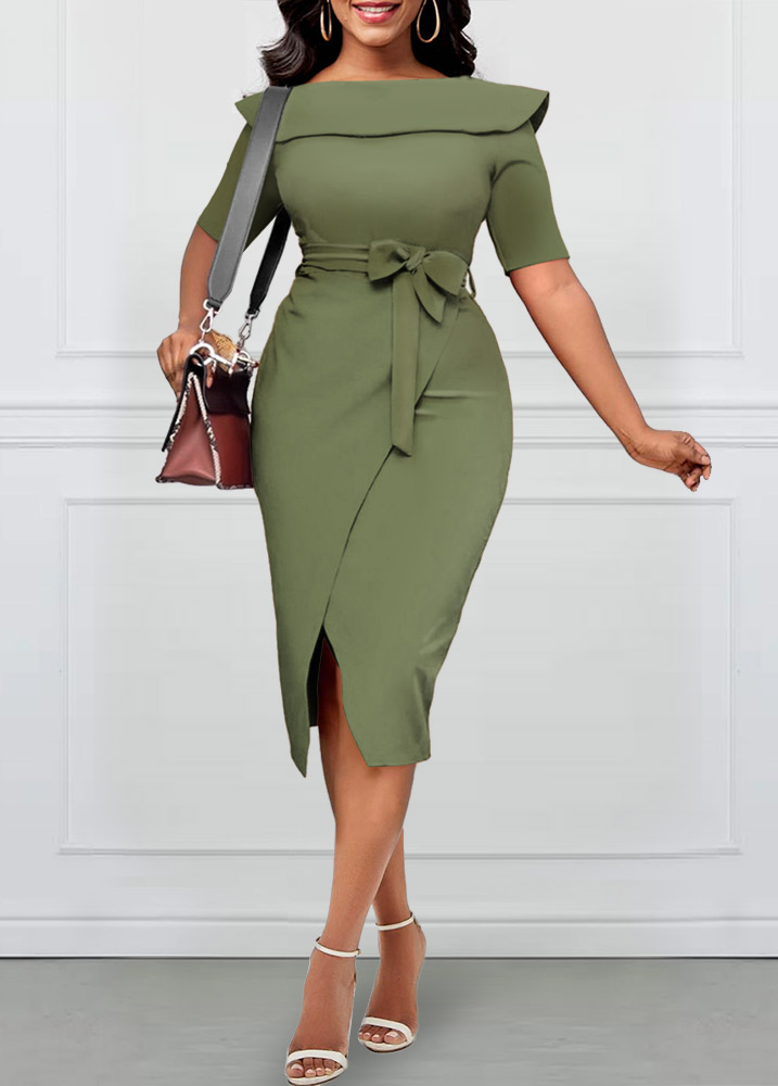 Sage Green Belted Short Sleeve Bodycon Dress