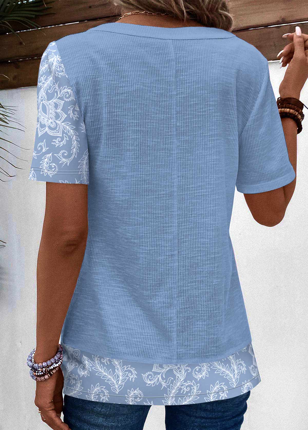 Dusty Blue Patchwork Tribal Print T Shirt