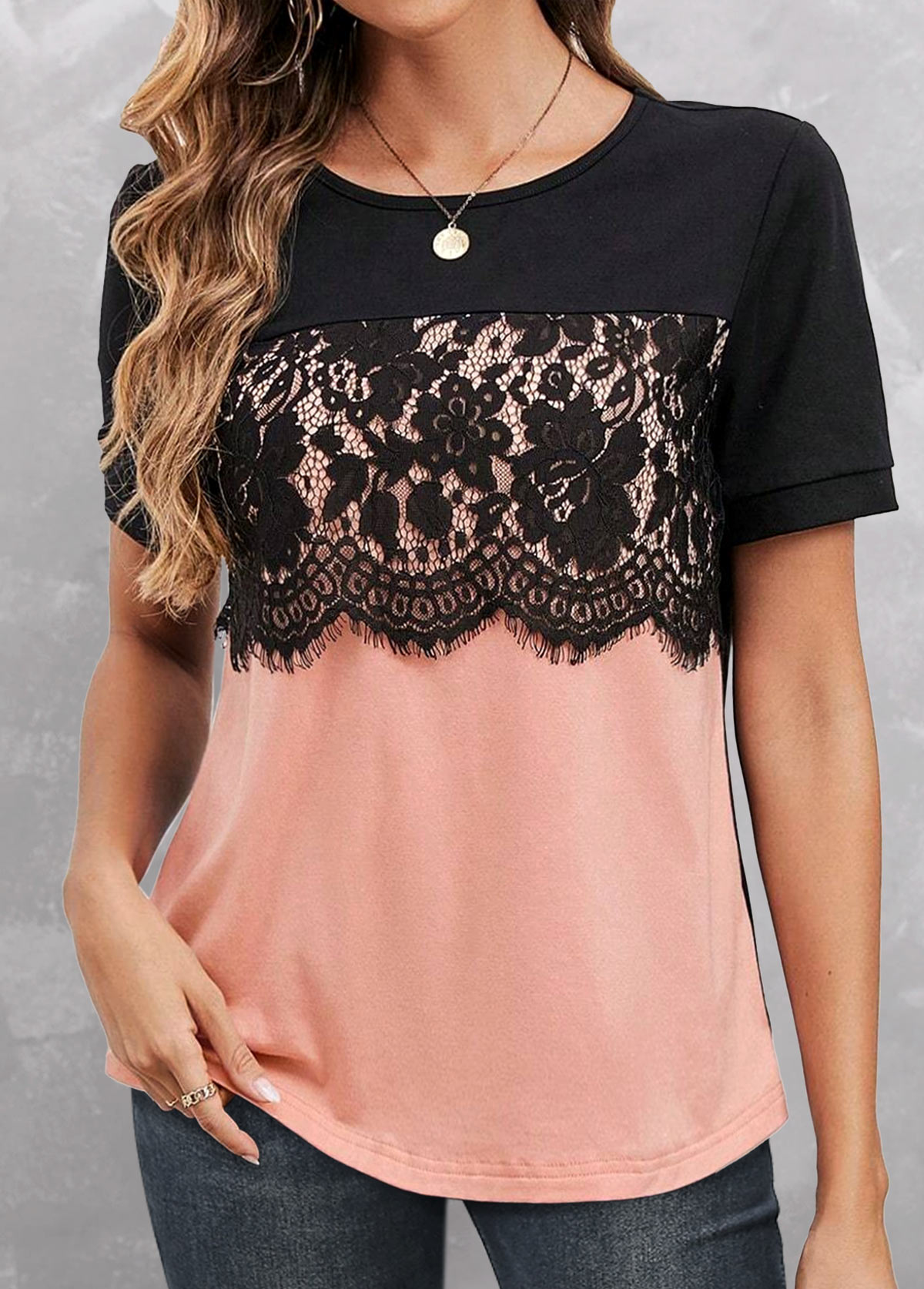 Dusty Pink Lace Short Sleeve T Shirt