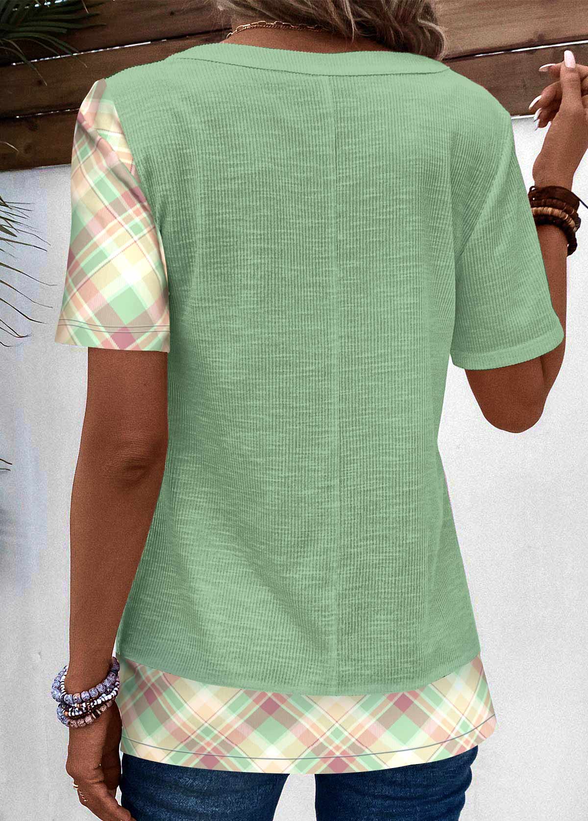 Light Green Button Plaid Short Sleeve T Shirt