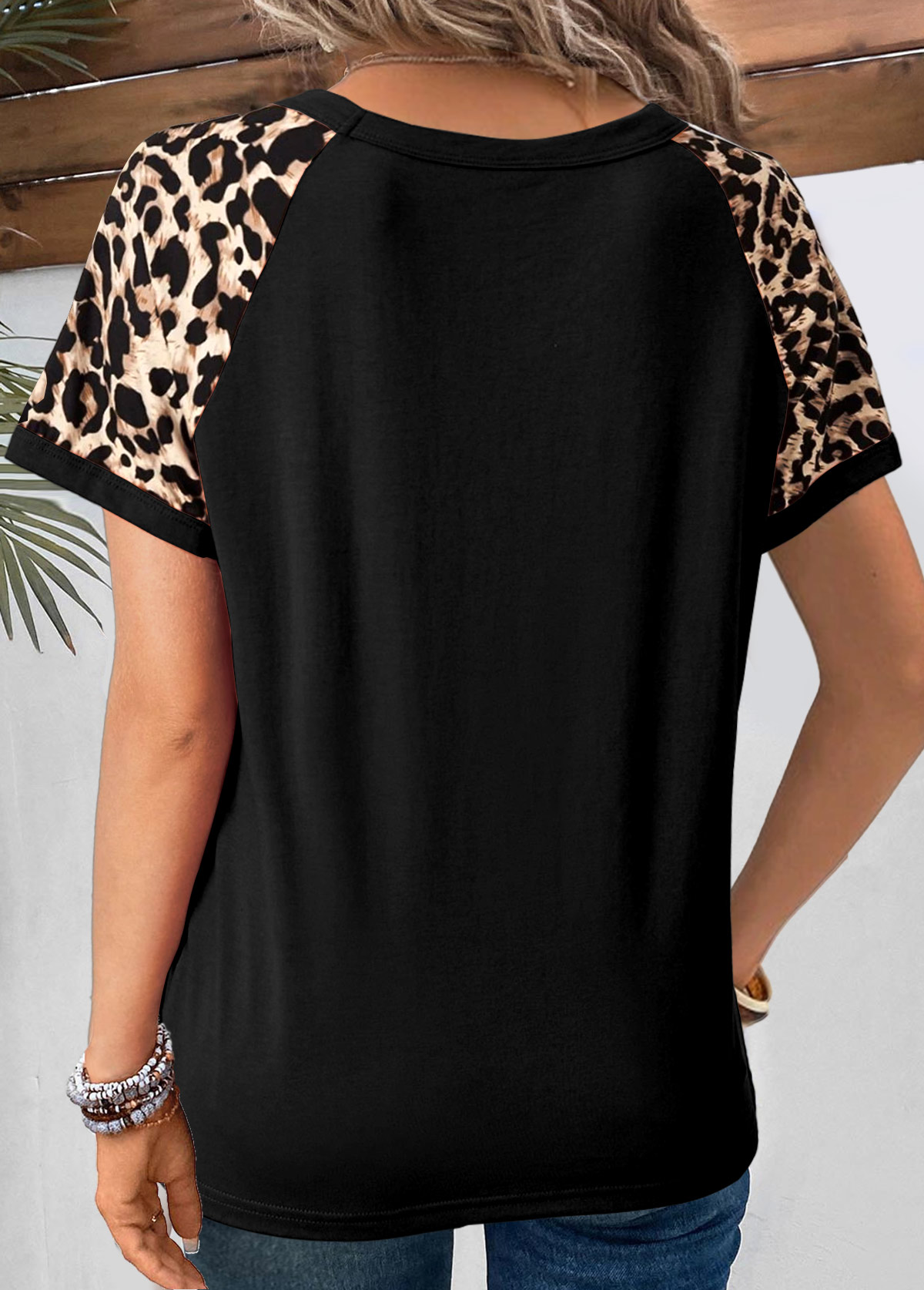 Black Patchwork Leopard Short Sleeve T Shirt