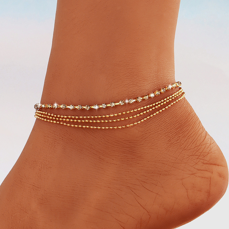 Gold Alloy Layered Rhinestone Detail Anklet