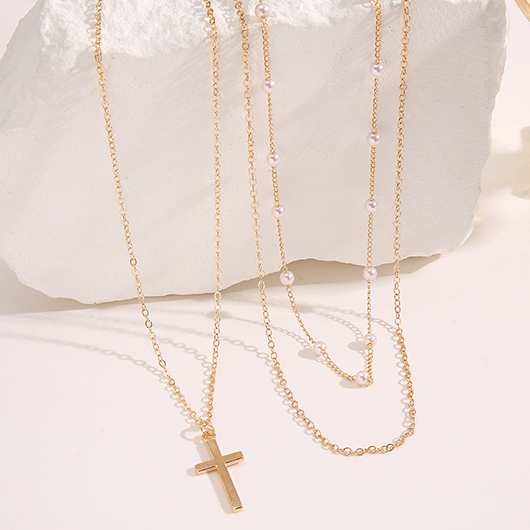 Gold Cross Pearl Detail Alloy Necklace Set