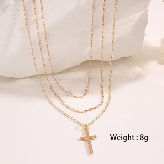 Gold Cross Pearl Detail Alloy Necklace Set