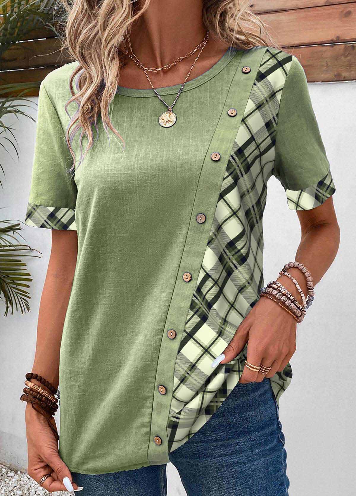 Sage Green Asymmetry Plaid Short Sleeve Blouse | picture 