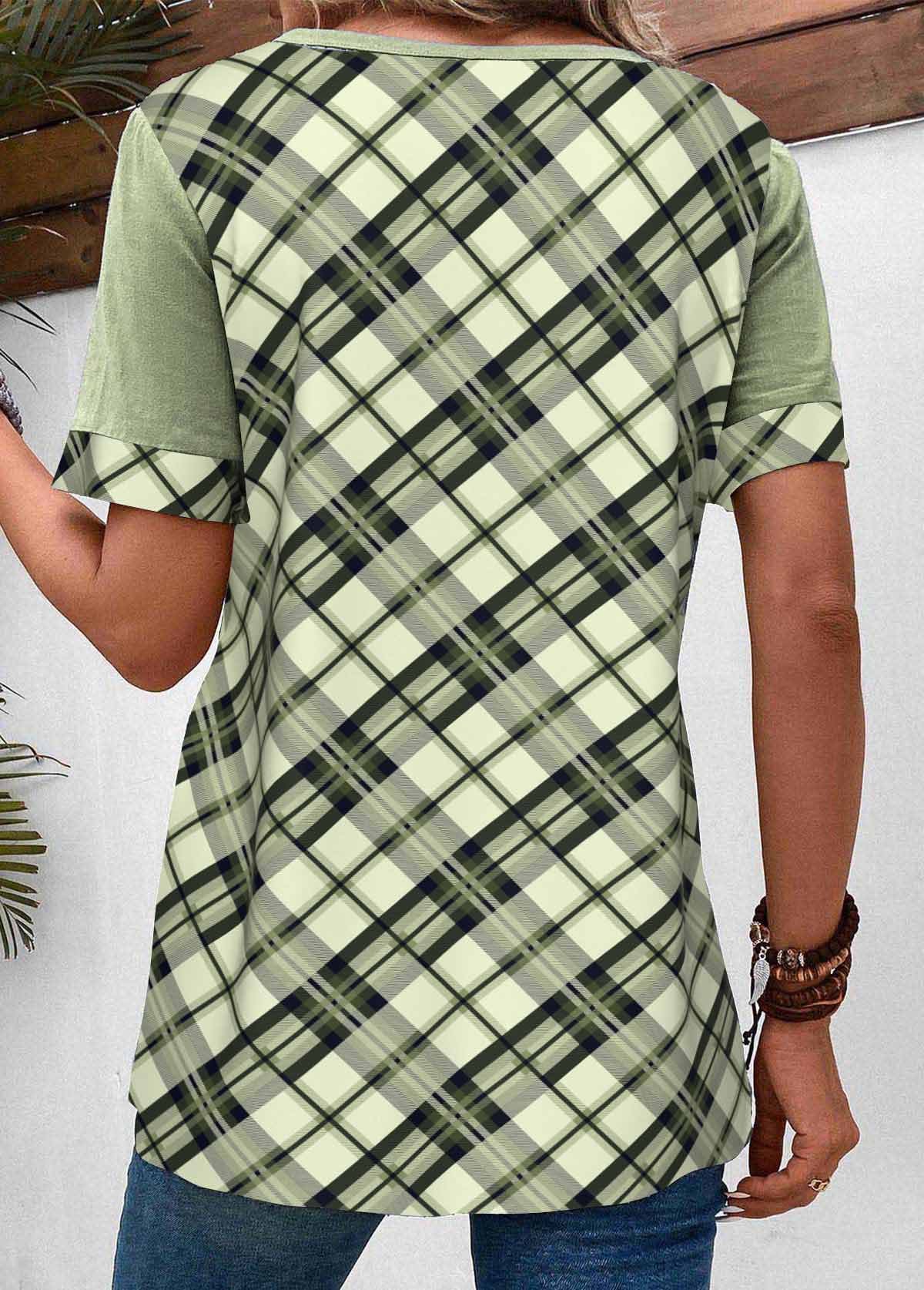 Sage Green Asymmetry Plaid Short Sleeve Blouse | picture 