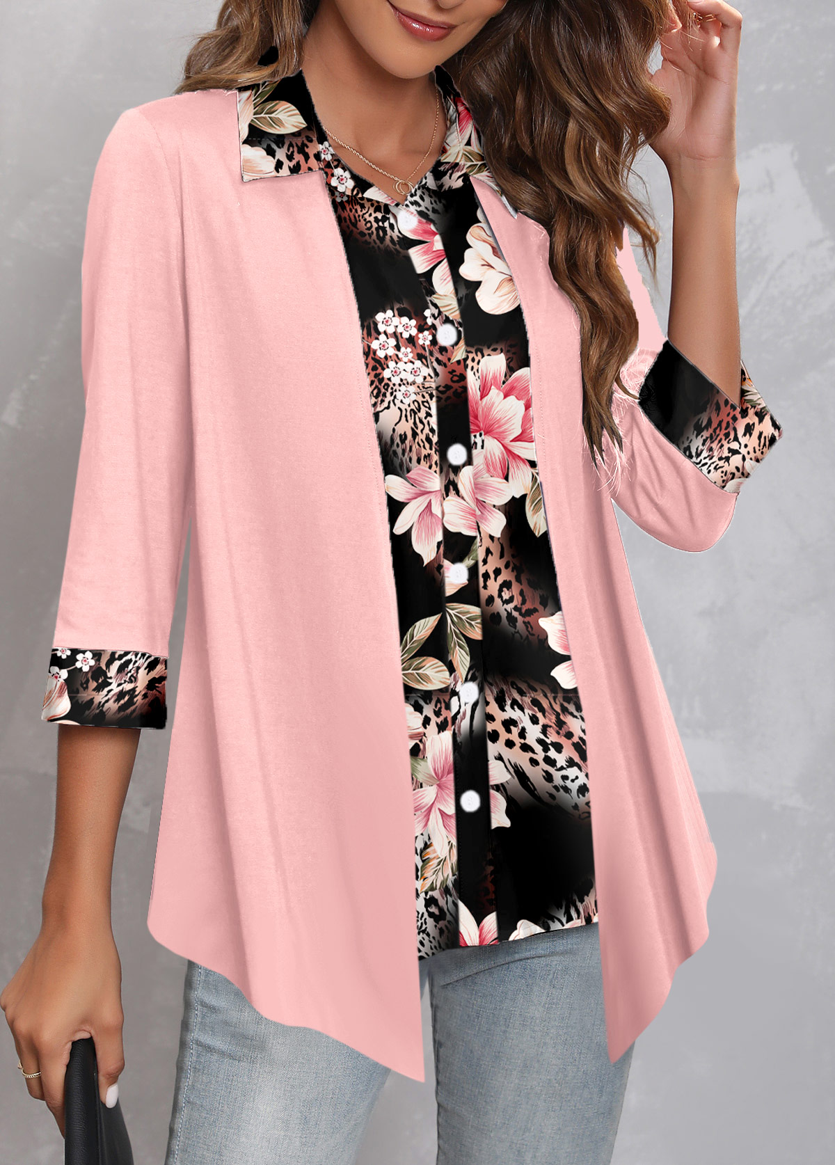 Light Pink Fake 2in1 Floral Print Blouse