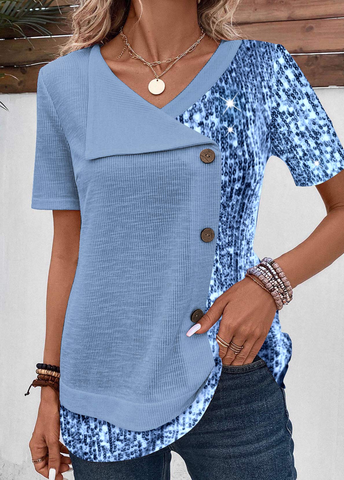 Dusty Blue Sequin Asymmetrical Neck Blouse | picture 