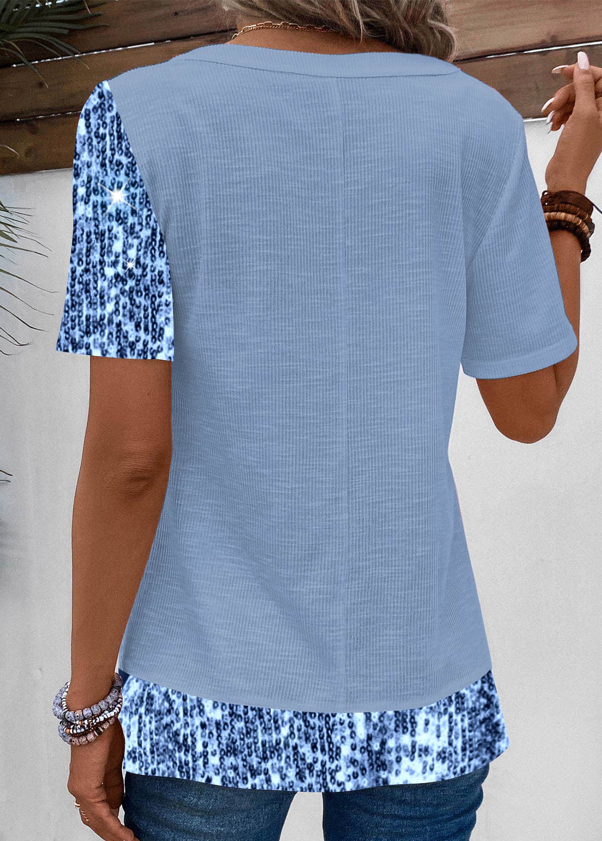 Dusty Blue Sequin Asymmetrical Neck Blouse | picture 