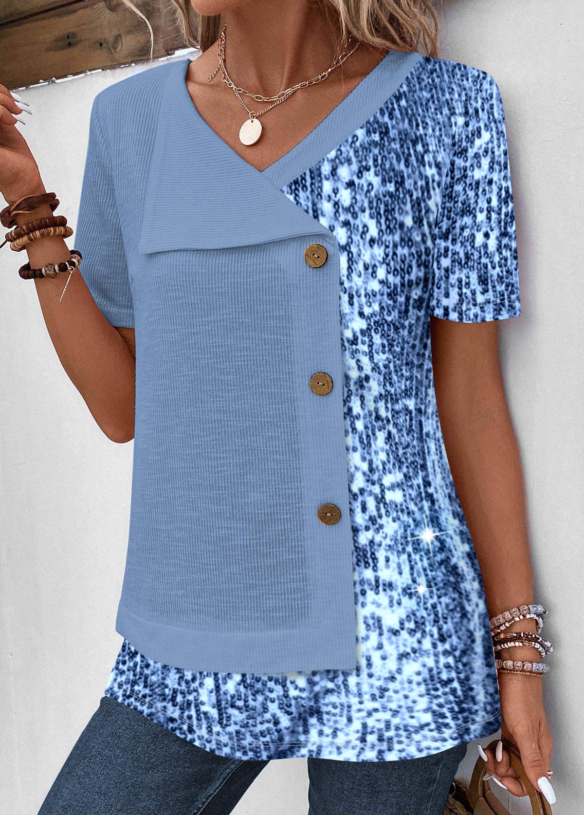 Dusty Blue Sequin Asymmetrical Neck Blouse | picture 